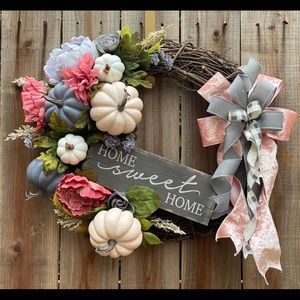 Handmade pink & grey fall wreath